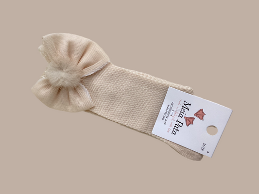 Meia Pata Beige Bow & Pom-Pom Socks