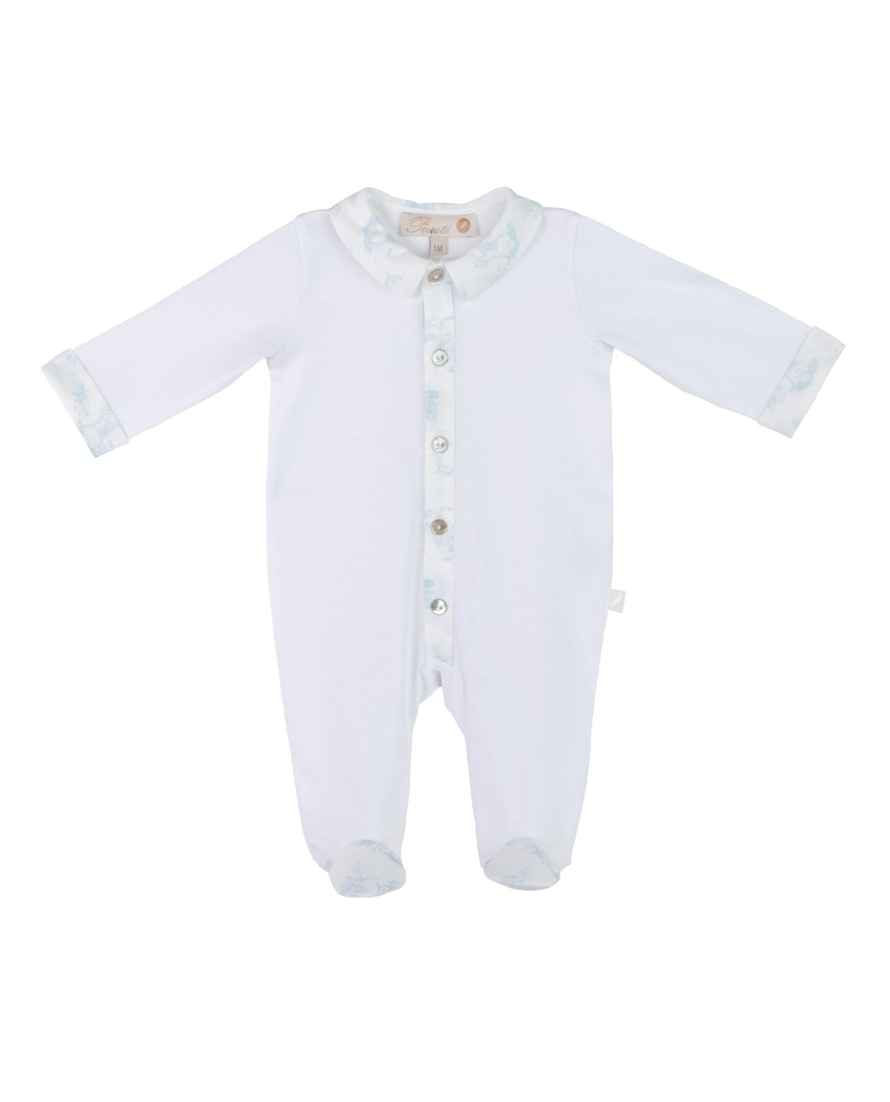Pureté Blue Toile Trim Baby Footie – SS25 Collection
