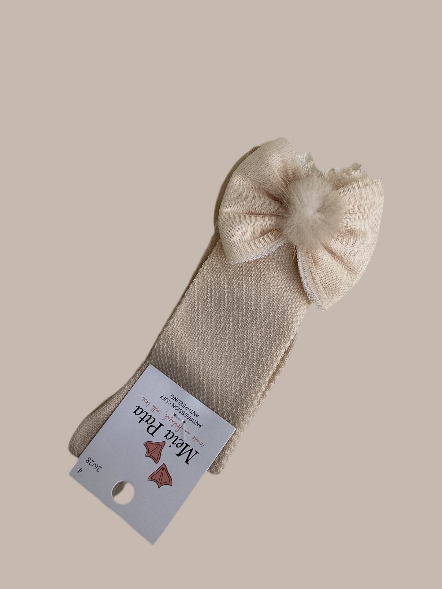 Meia Pata Beige Bow & Pom-Pom Socks