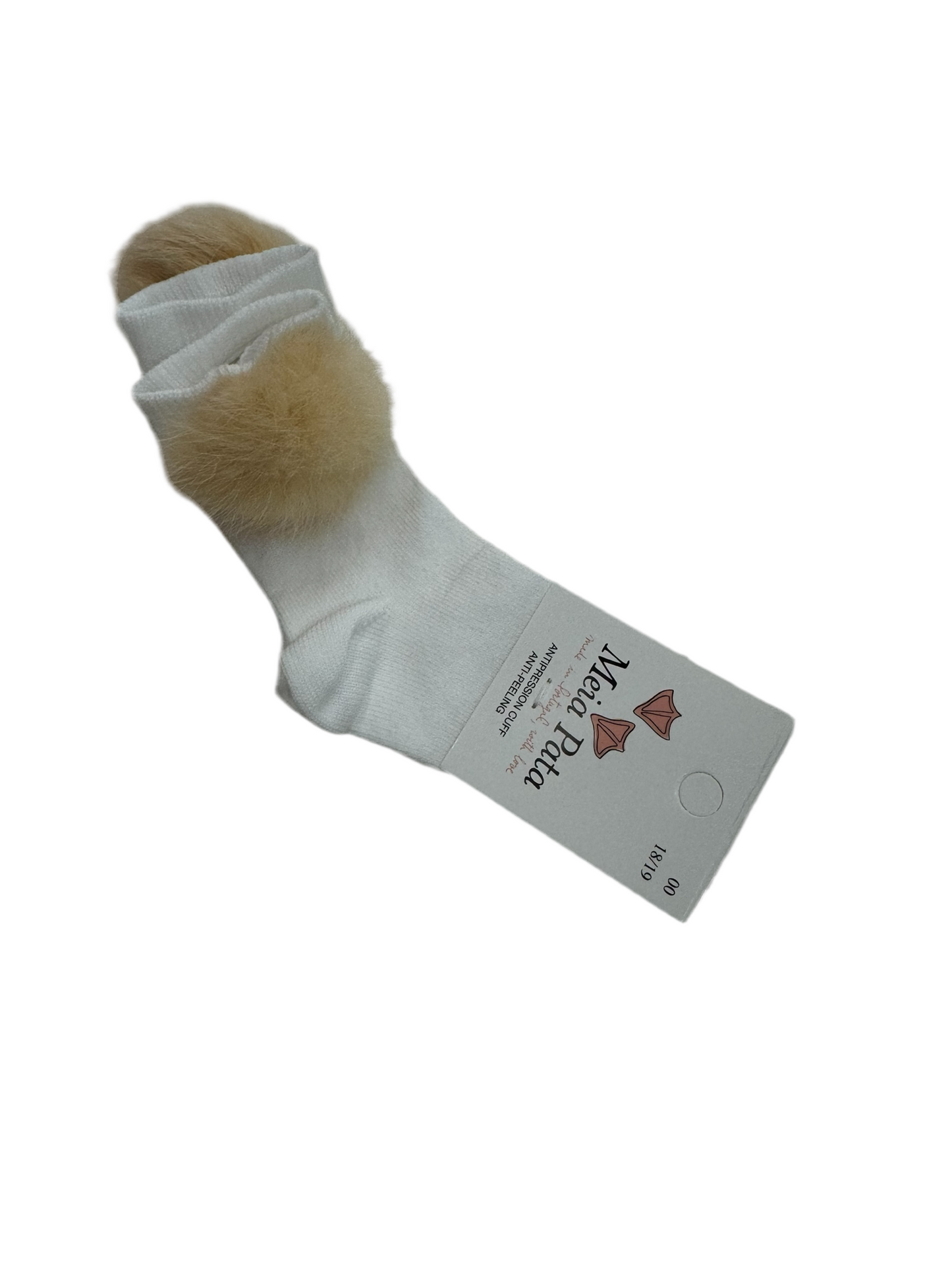 Meia Pata Cotton Knee Sock With Fur Pom Pom -Pure White - Natural Fur Pom