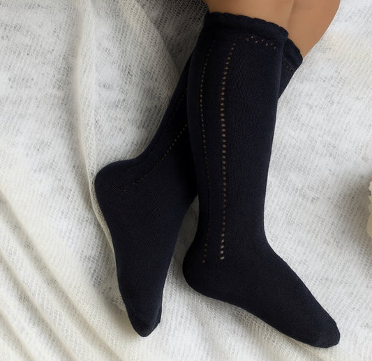 Open Work Knee sock -Navy