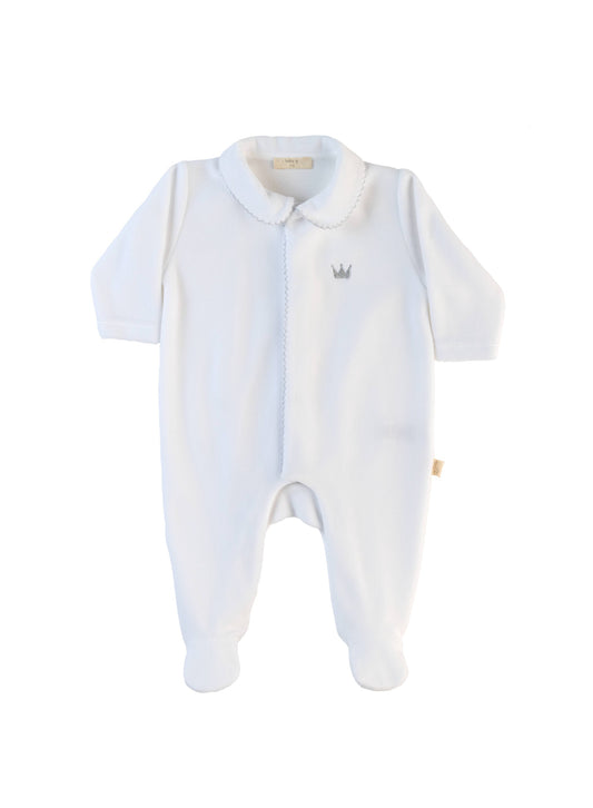 Velour Little Royals Footie - White & Grey