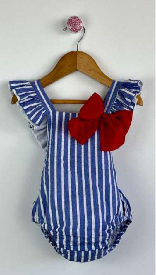 RED WHITE & STRIPS BOW ROMPER