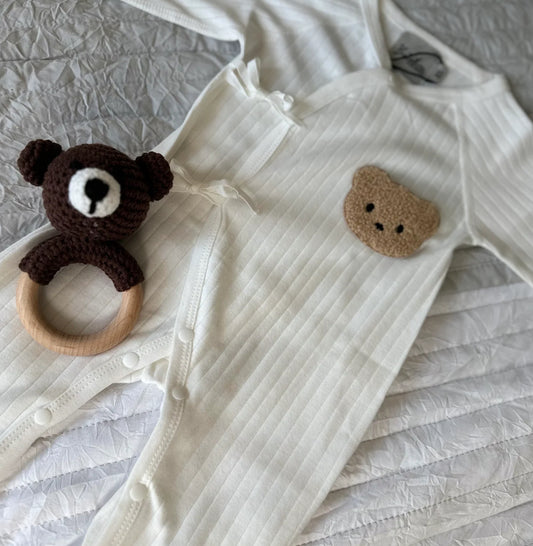 Ribbed Cotton Fuzzy Bear Baby Gown