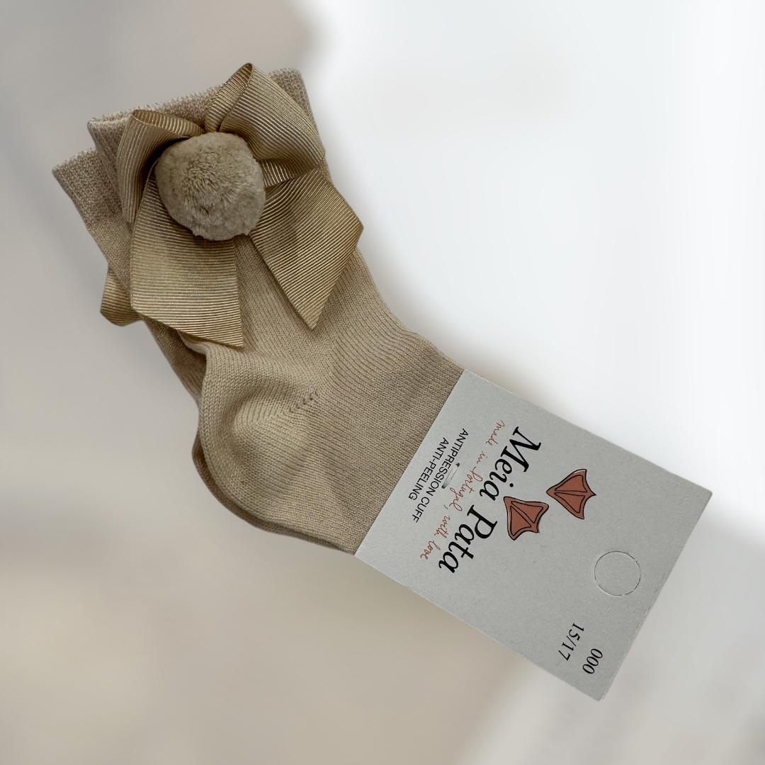 Meia Pata Cotton Knee Sock With Ribbon & Plush Bow -Champagne
