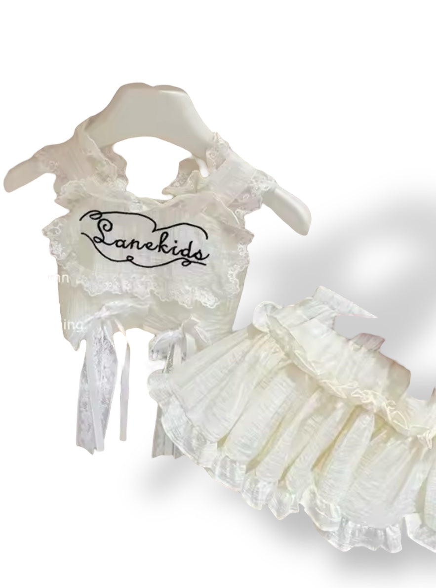 Girls Ivory Lace & Ribbon Skirt Set
