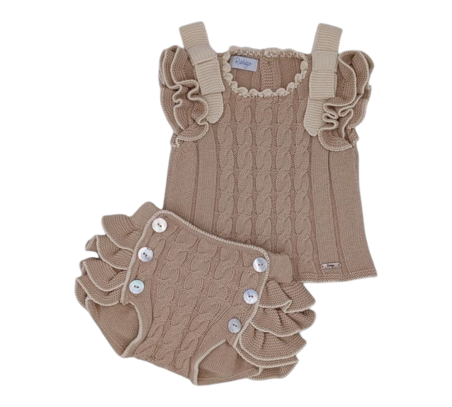 baby girl knit set, Spanish baby clothes, Rahigo baby outfit, beige baby girl set, boutique baby clothes, baby girl Easter outfit, ruffle knit baby set, toddler girl boutique outfit, Rahigo Spring 2025, luxury baby clothes
