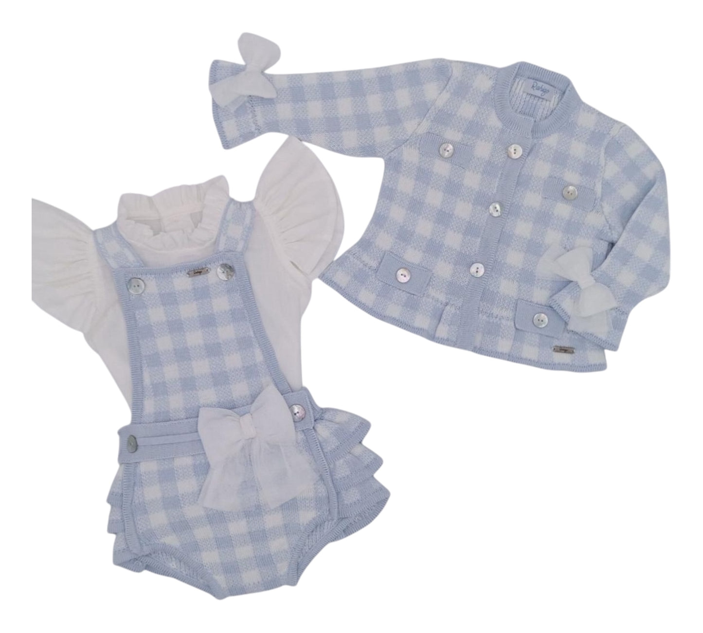 Rahigo baby girl set, blue gingham baby romper, baby girl boutique outfit, Spanish baby clothes, luxury knit babywear, Easter outfit baby girl, Rahigo 2025 collection, baby girl with jacket set, matching baby outfit, gingham baby romper