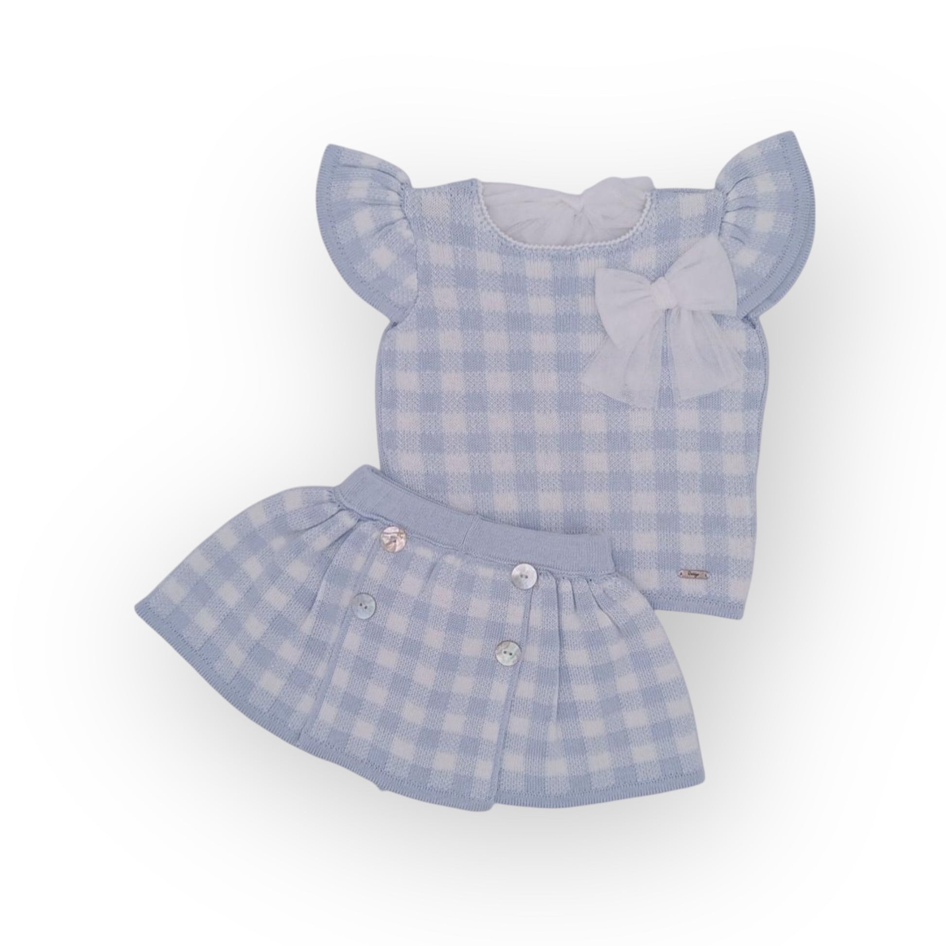 	
Rahigo SS25, Spanish children’s clothing, boutique girl outfit, baby blue girl set, toddler designer clothing, luxury kids fashion, European baby clothes, knit gingham outfit, girls 2-piece set, flutter sleeve baby top, high-end toddler 