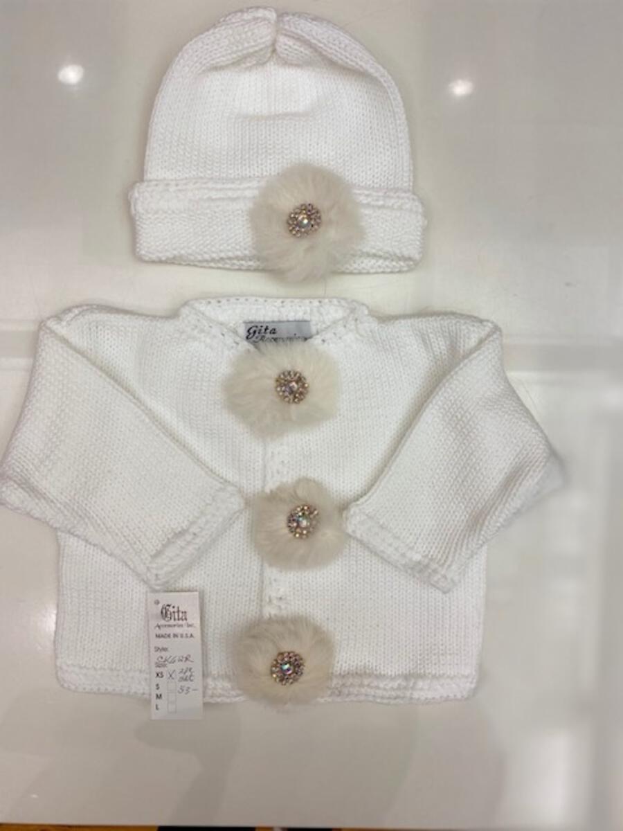 White Cotton Sweater Set w /Fur Buttons