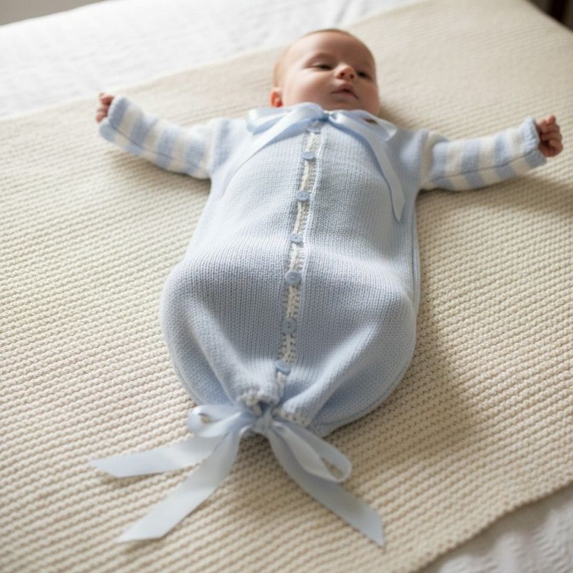 Baby Blue & White Knit Baby Bunting & Matching Hat Set