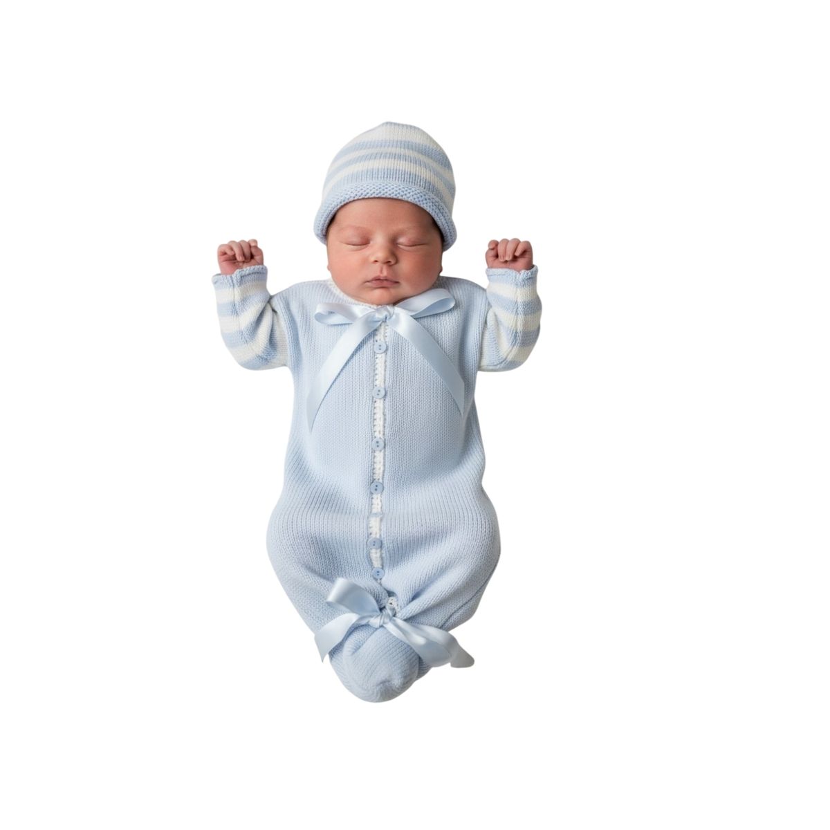 Baby Blue & White Knit Baby Bunting & Matching Hat Set