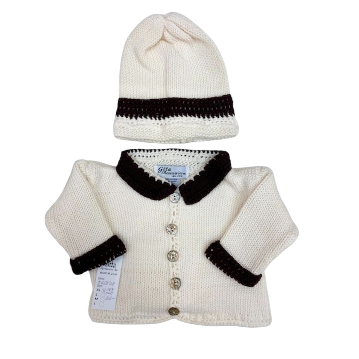Cream Cotton Baby Sweater & Hat Set with Brown Trim