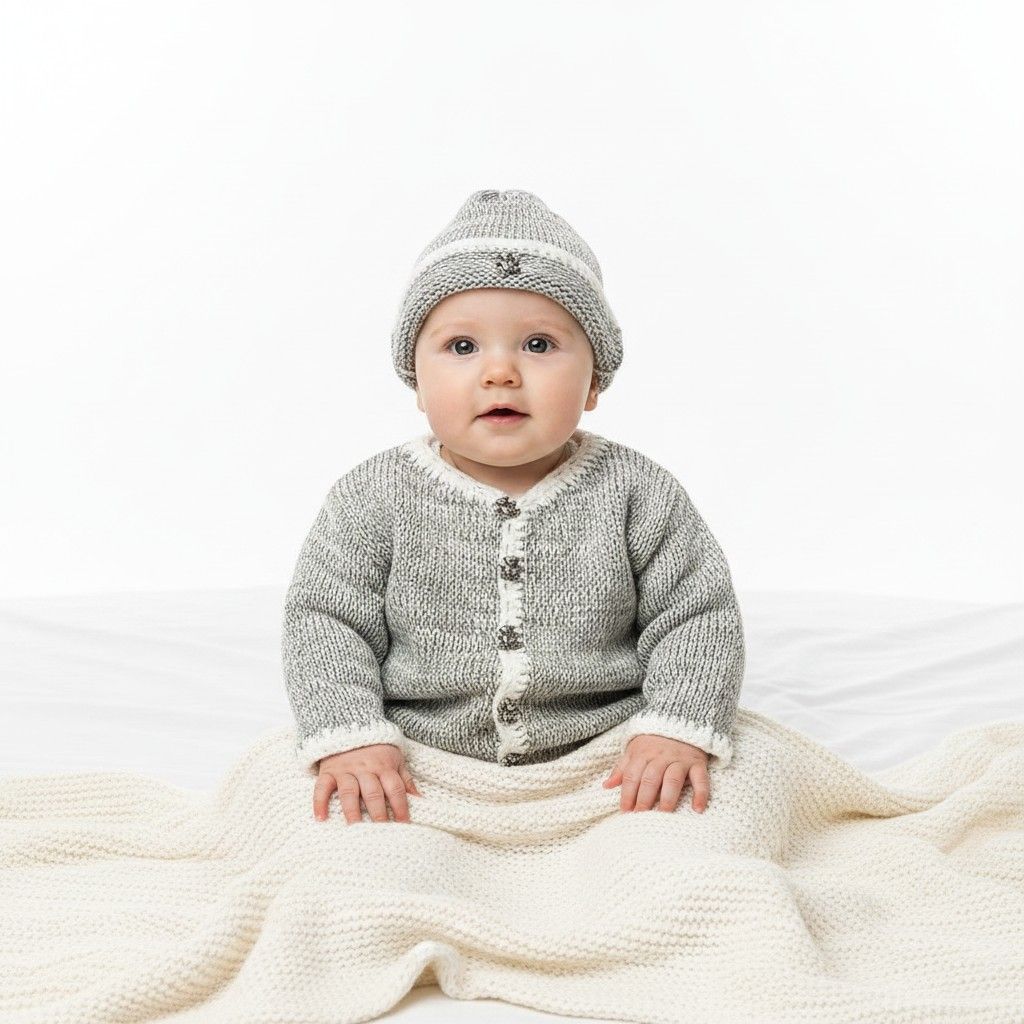 Little Teddy Cotton Sweater Set – Light Grey & White