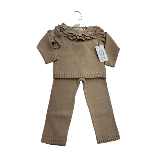 Girls 2  Piece Ruffled Camel   Knitted Legging Set-Rahigo