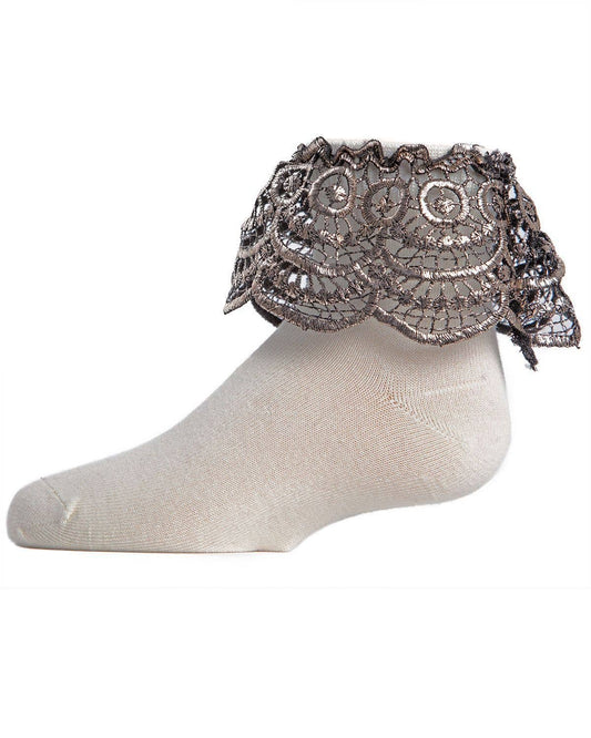 MeMoi Metallic Scalloped Anklet Socks-Silver Trim