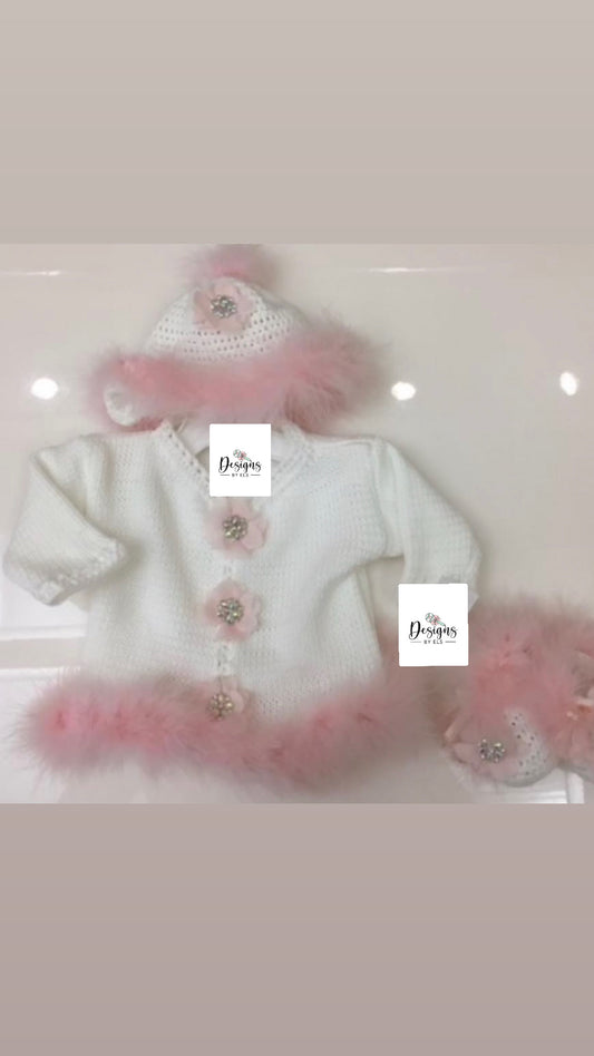 MARABOU SET WHITE/PINK White Knitted  Cardigan Bonnet Blanket and Booties Set