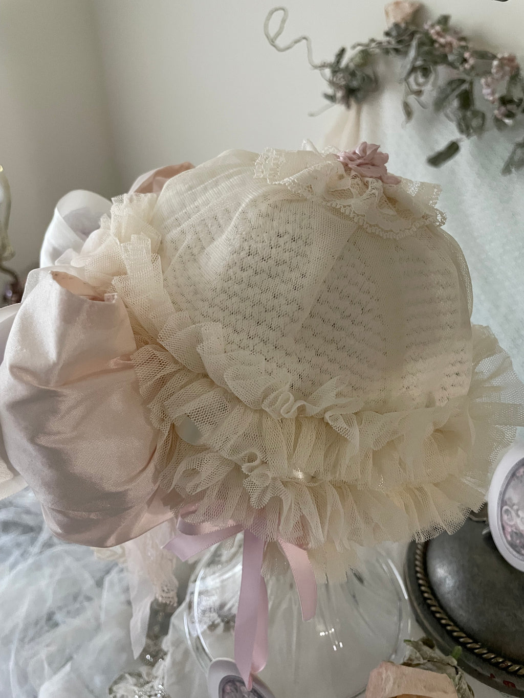 Collection D-Alli Knit Beanie Hat with Satin Bow & Lace-Pinks & Cream