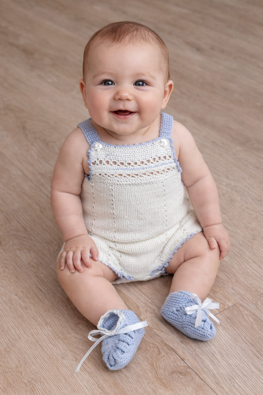 White & Baby Blue boys  Heirloom Sun Suit and Booties Set