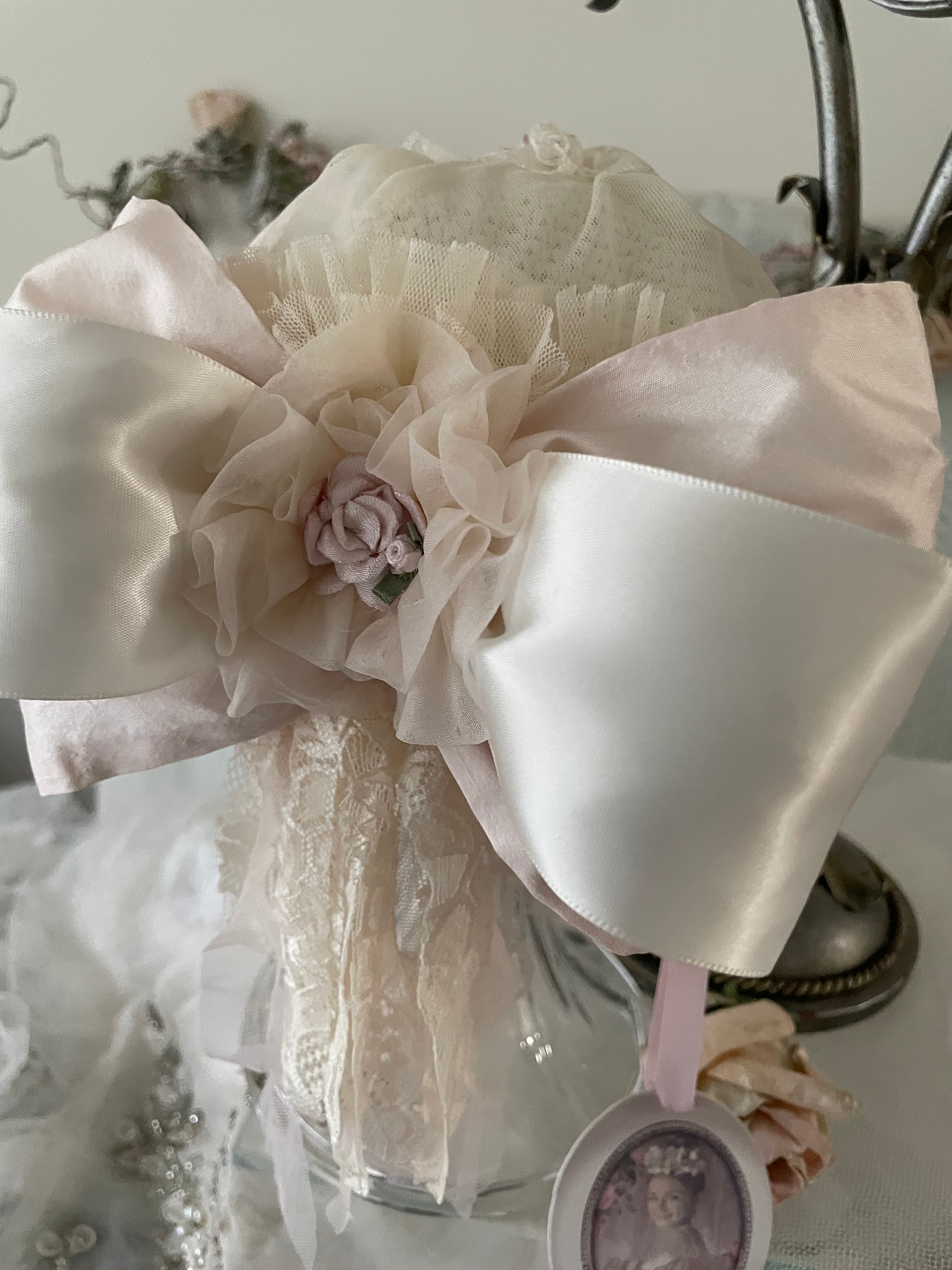 Collection D-Alli Knit Beanie Hat with Satin Bow & Lace-Pinks & Cream