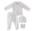 A 4-piece newborn layette set in ivory color, including a wrap-style top, footed pants, a hat, and mittens.