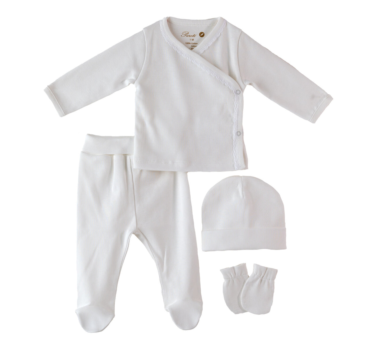 A 4-piece newborn layette set in ivory color, including a wrap-style top, footed pants, a hat, and mittens.