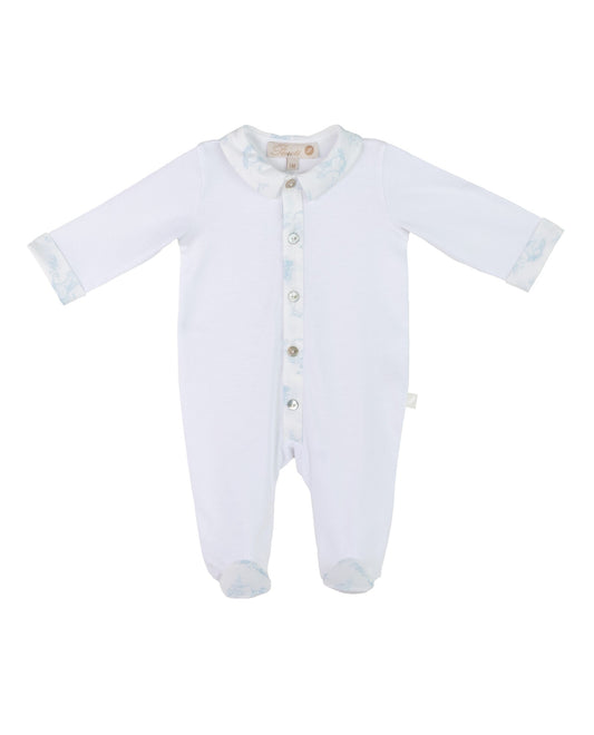 Pureté Blue Toile Trim Baby Footie – SS25 Collection