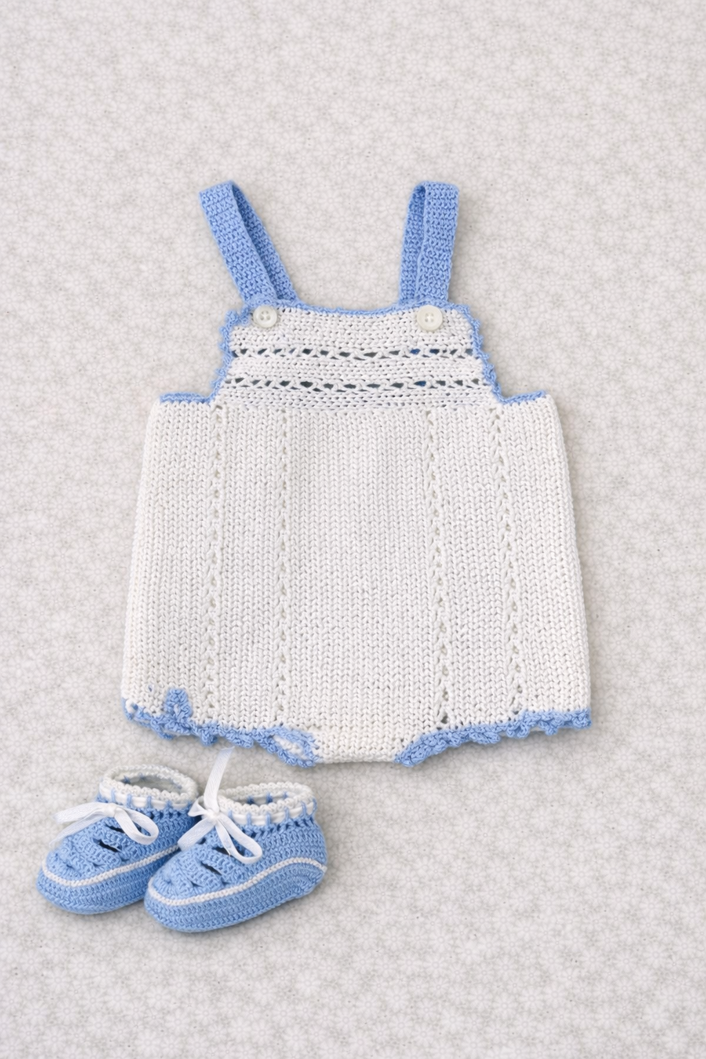 White & Baby Blue boys  Heirloom Sun Suit and Booties Set