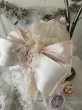 Collection D-Alli Knit Beanie Hat with Satin Bow & Lace-Pinks & Cream