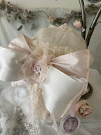 Collection D-Alli Knit Beanie Hat with Satin Bow & Lace-Pinks & Cream