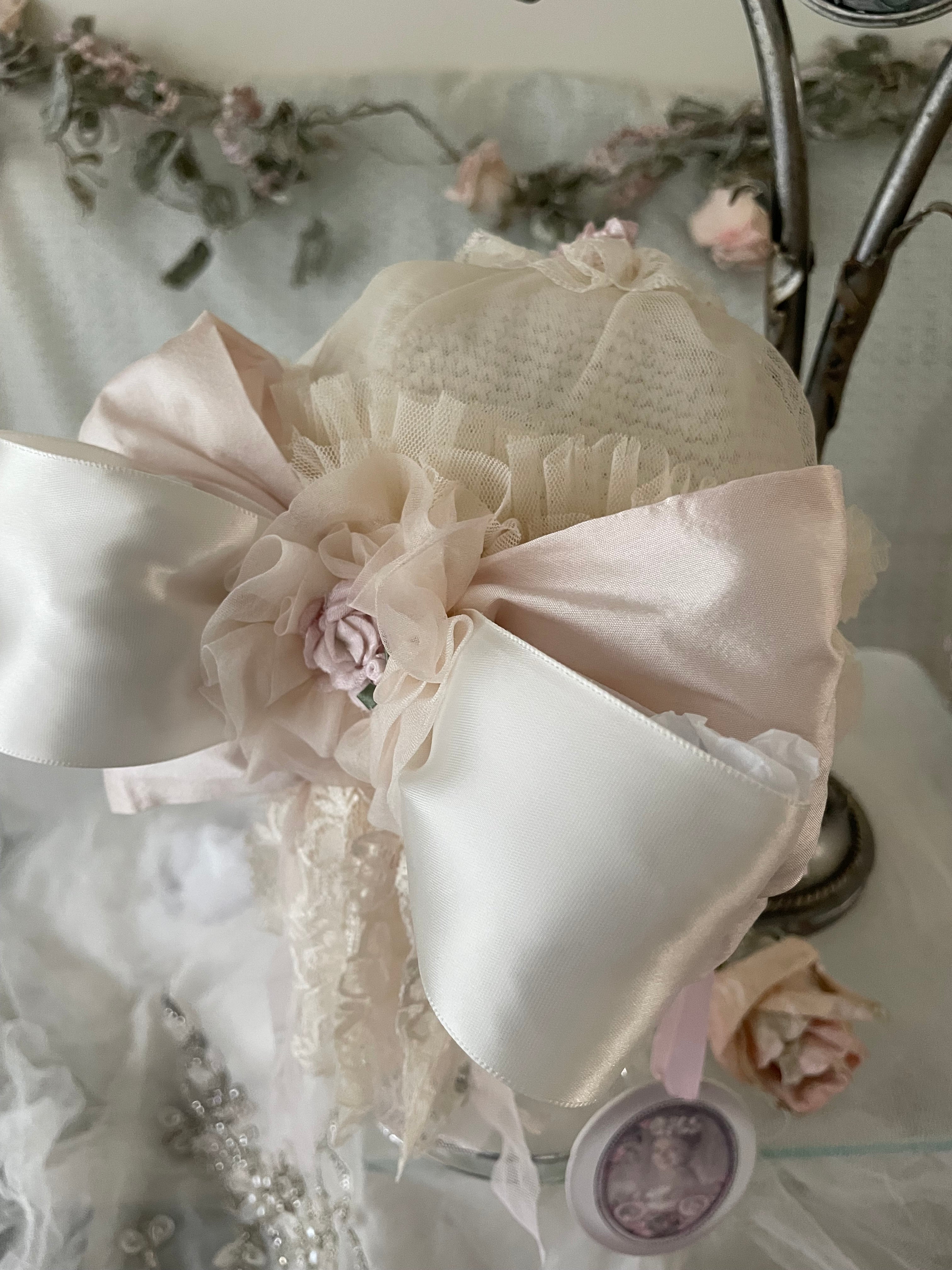 Collection D-Alli Knit Beanie Hat with Satin Bow & Lace-Pinks & Cream