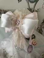 Collection D-Alli Knit Beanie Hat with Satin Bow & Lace-Pinks & Cream