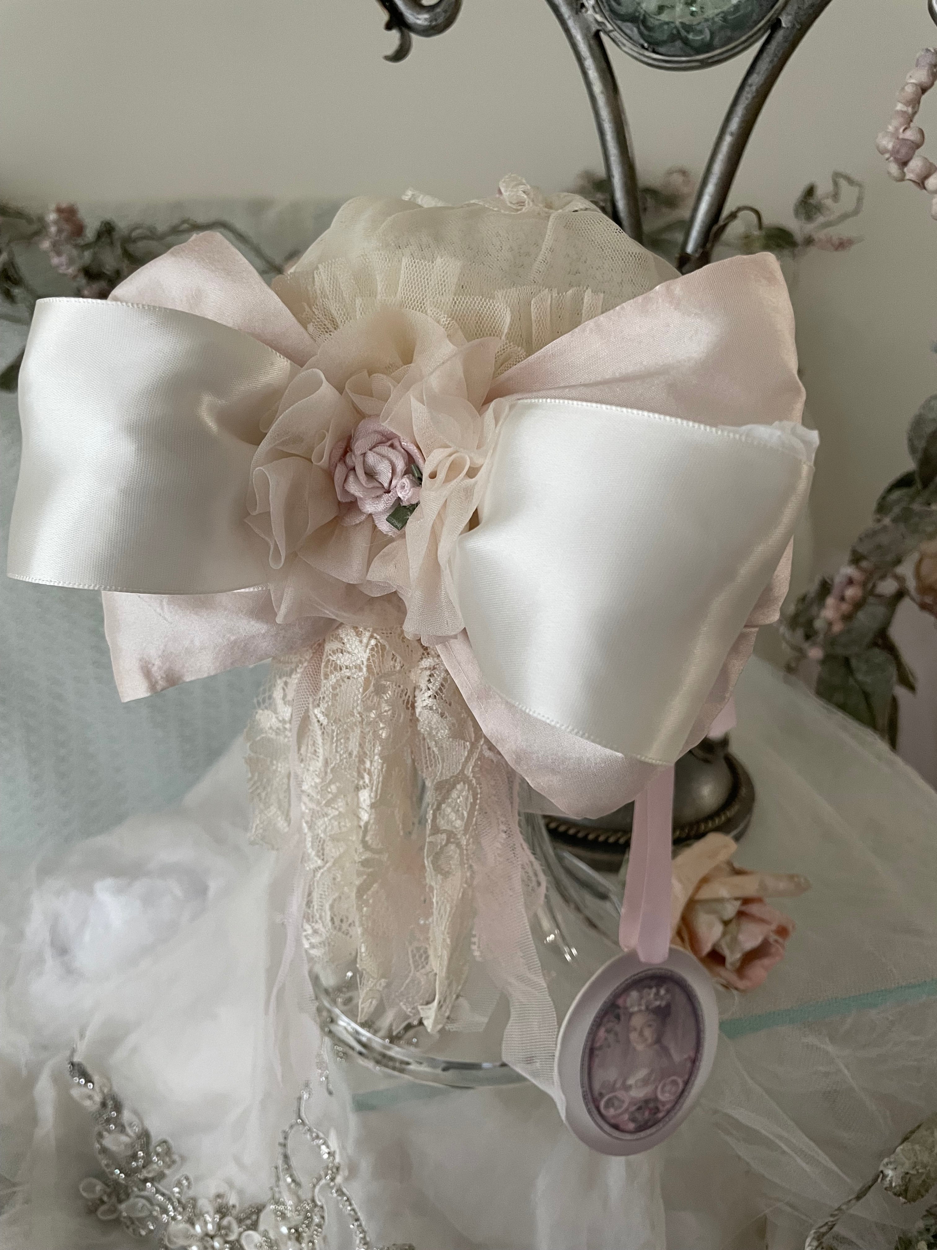 Collection D-Alli Knit Beanie Hat with Satin Bow & Lace-Pinks & Cream