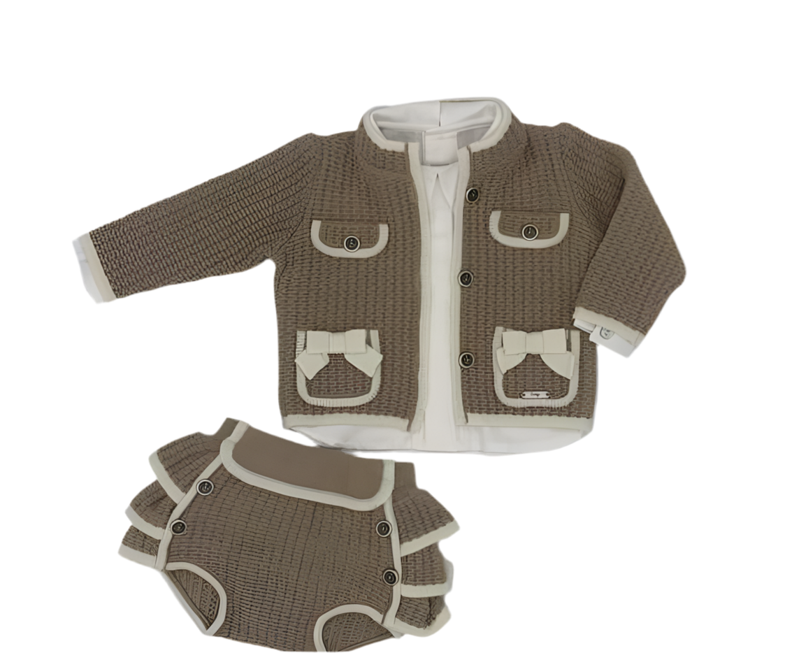 Girls 3 Piece Ruffled Camel & Ivory  Knitted Short Set-Rahigo