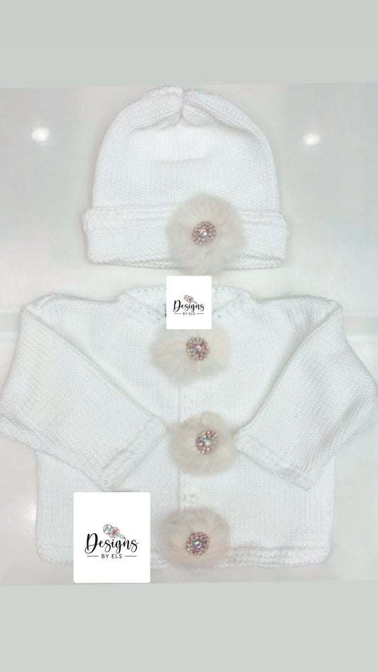 White Cotton Sweater Set w /Fur Buttons
