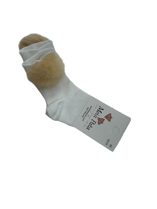 Meia Pata  Cotton Knee Sock With Fur Pom Pom -Pure White - Natural Fur Pom