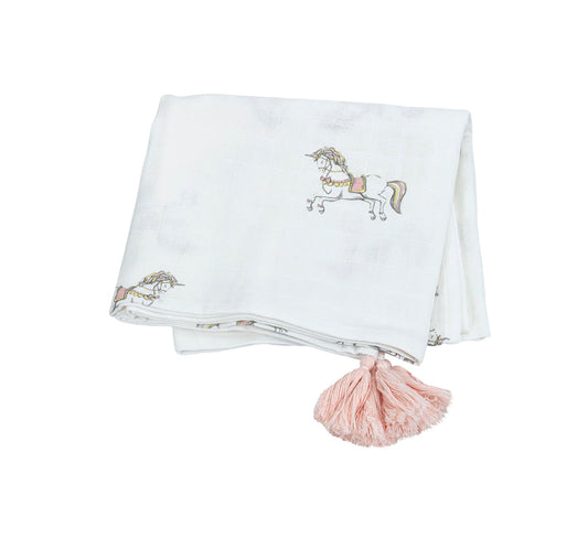 Copy of Muslin swaddle with tassels-Pink unicorn
