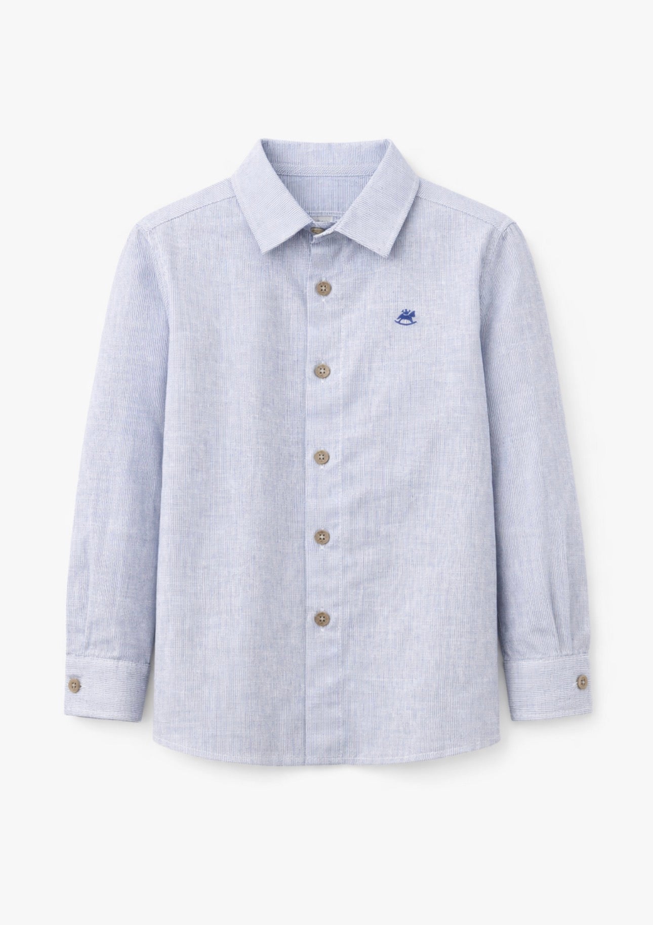 Blue Stripe Yarn-Dyed Linen Button-Up Shirt for Boys | Classic Long Sleeve