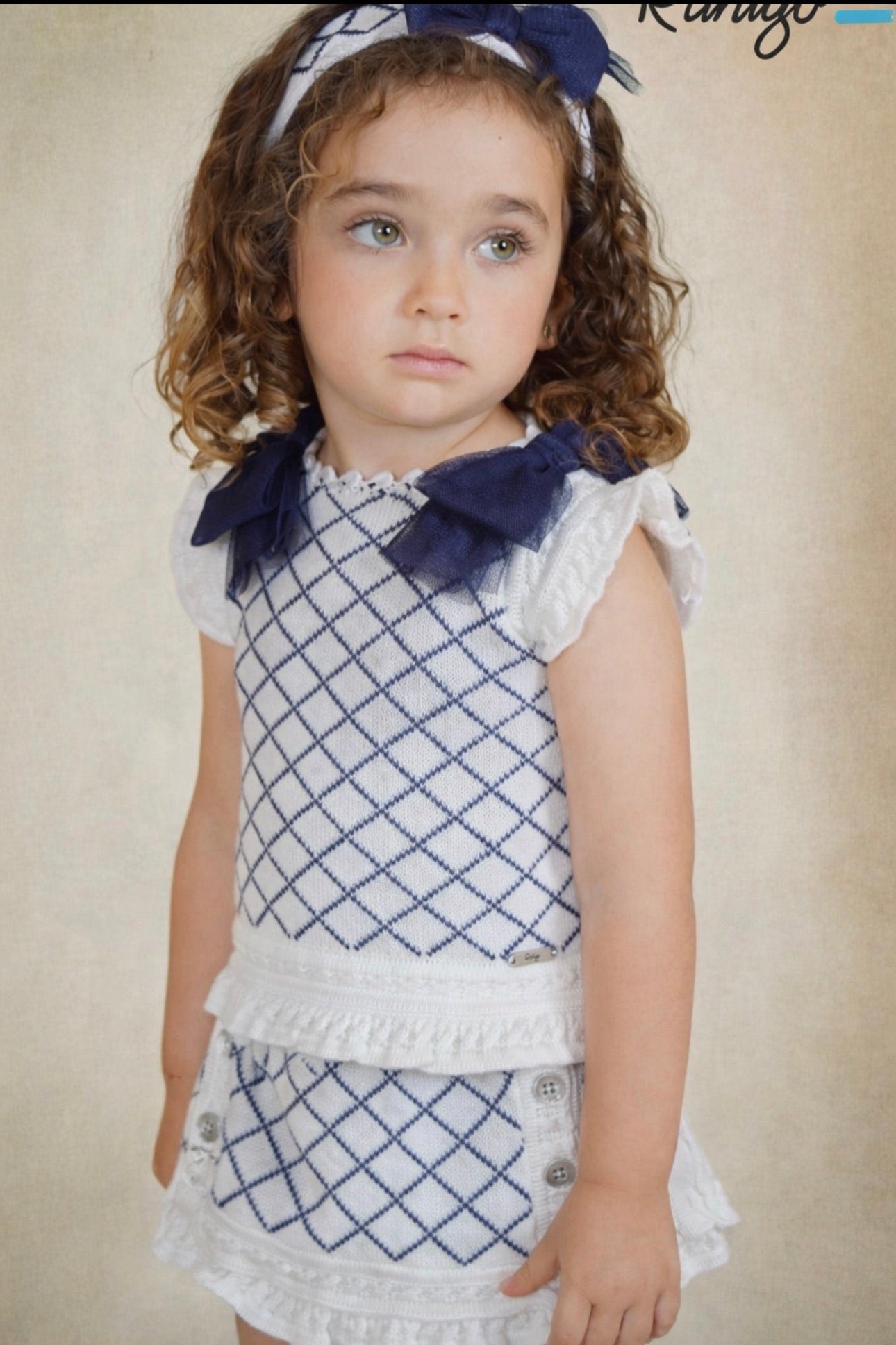 Rahigo Navy Diamond Knit Set with Bow Shoulder Detail (2-Piece)