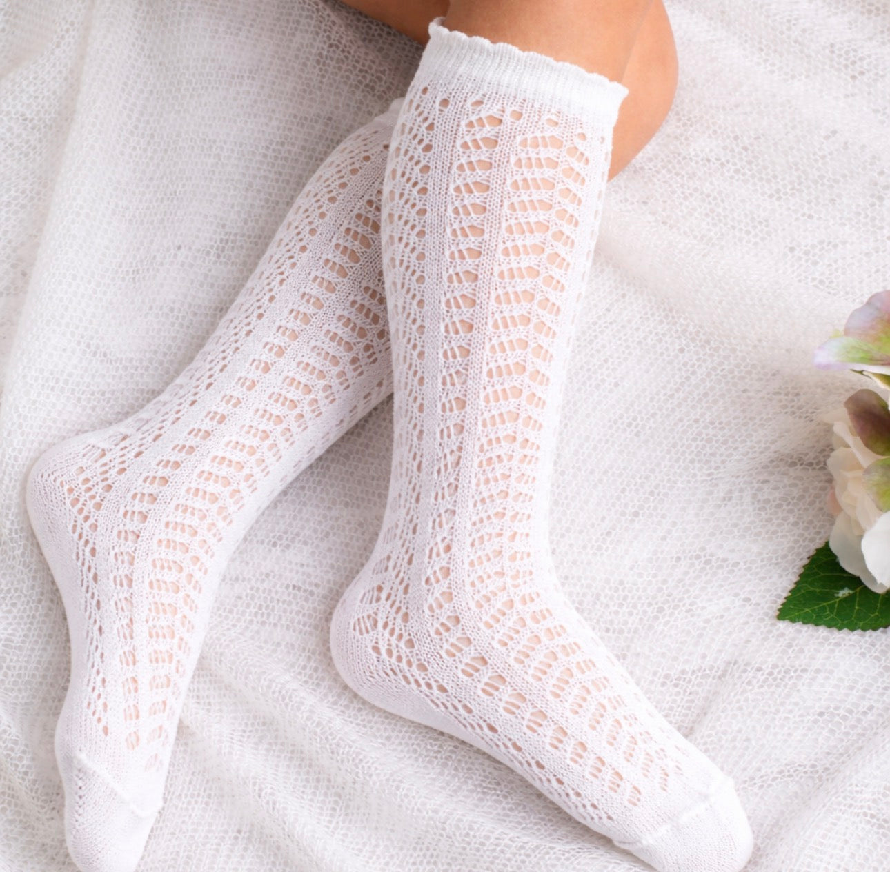Pure White  Openwork Lace Knee-High Socks
