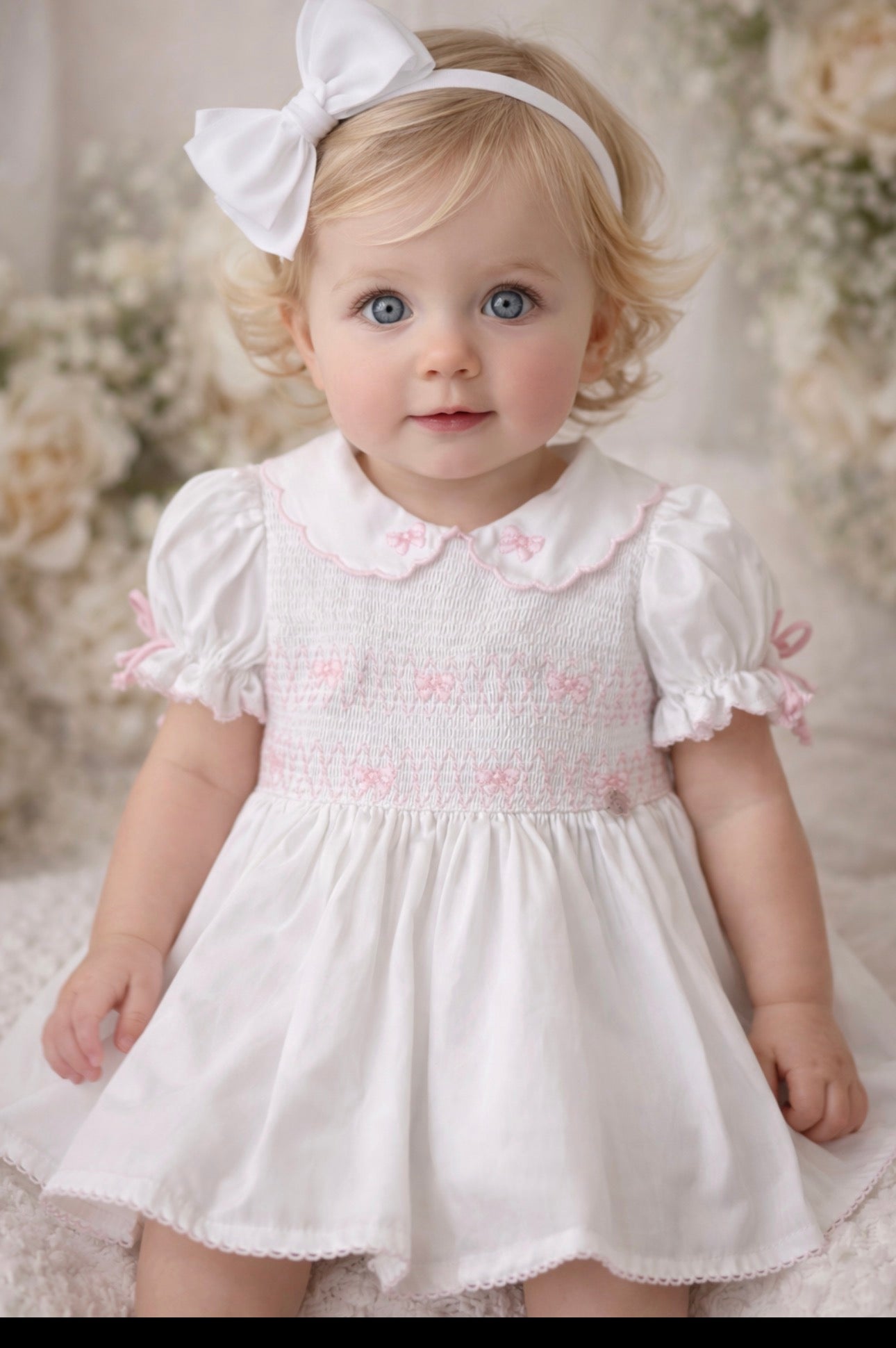 Deolinda Baby Girl White & Pink Smocked Dress  Luxury Classic Infant Dress