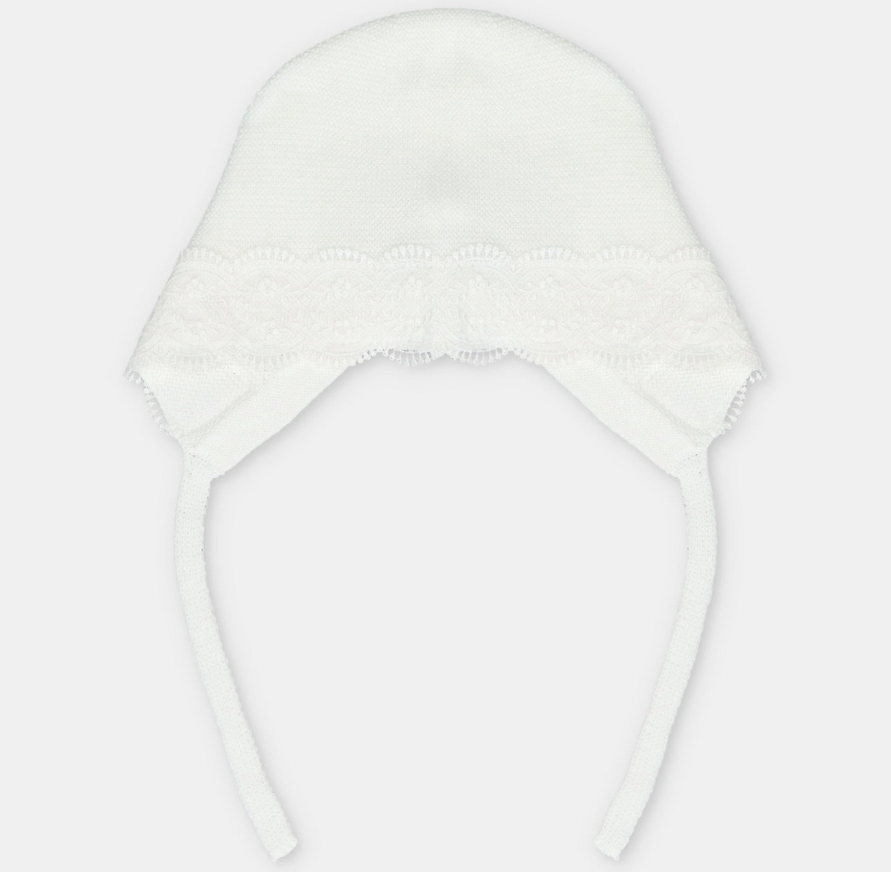White Lace Knit Baby Bonnet – Heirloom Newborn Bonnet with Lace Trim | Heirloom Collection