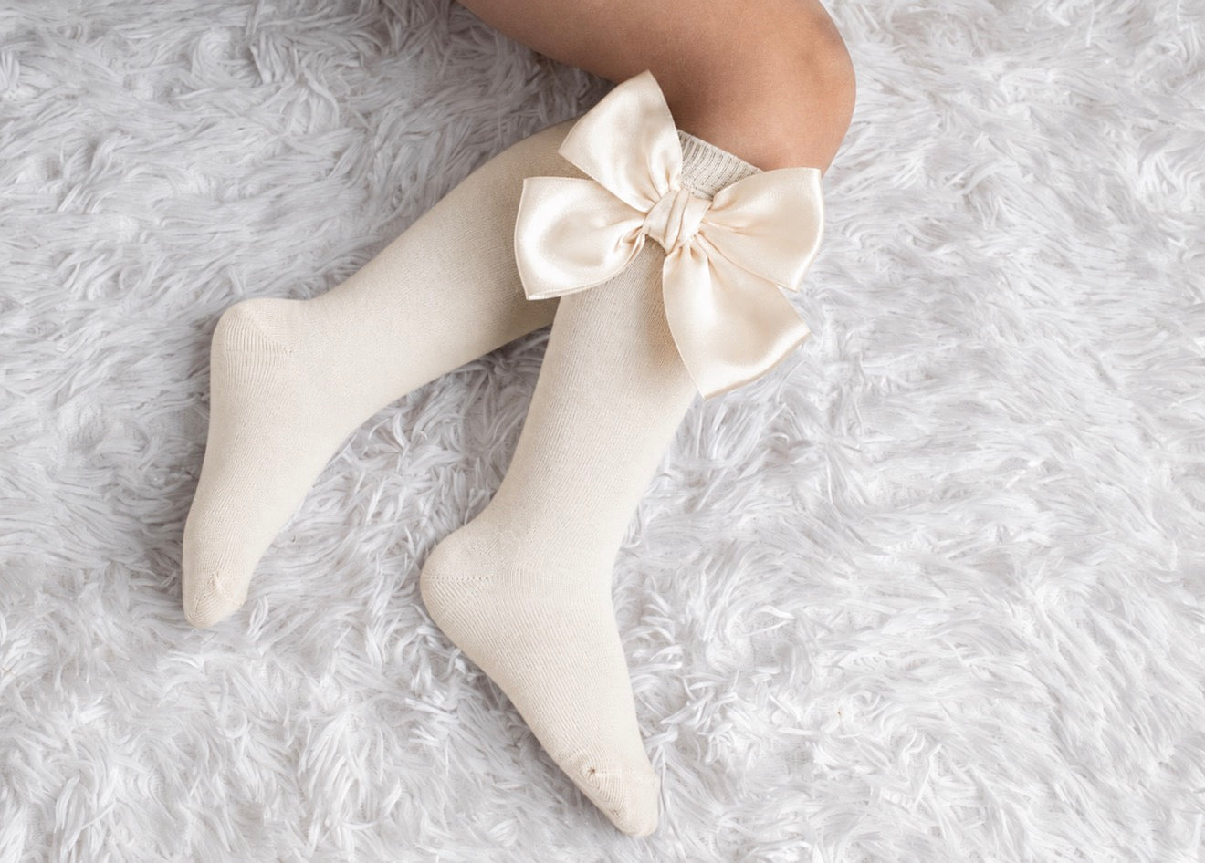 Ivory Oversized Satin Bow Knee-High Socks
