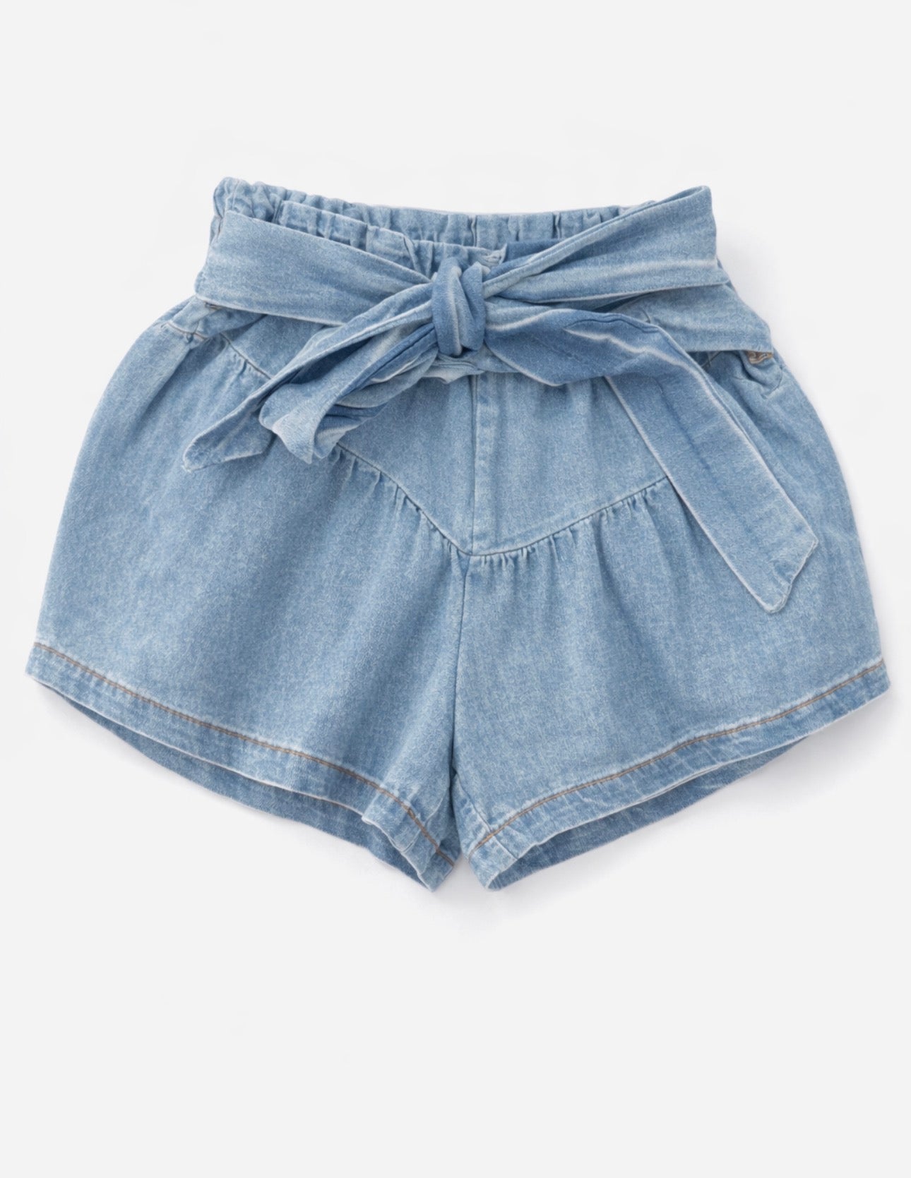 Girls Paperbag Denim Shorts with Bow Tie | Lightweight Chambray Shorts