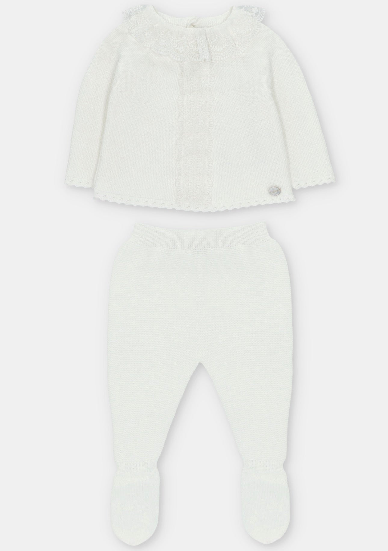 White Knit Baby Sweater & Footed Leggings Set – Classic Infant Outfit | Matching Bonnet Available