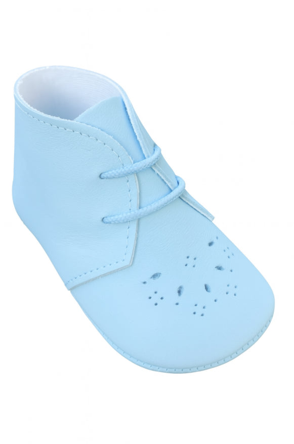 timeless touch for tiny toes, this powder blue baby bootie features classic perforated detailing and soft laces for a vintage-inspired look. Made with a supple faux leather finish and gentle inner lining, it's designed to keep little feet snug and stylish. Perfect for traditional outfits, family photos, or a special first outing.