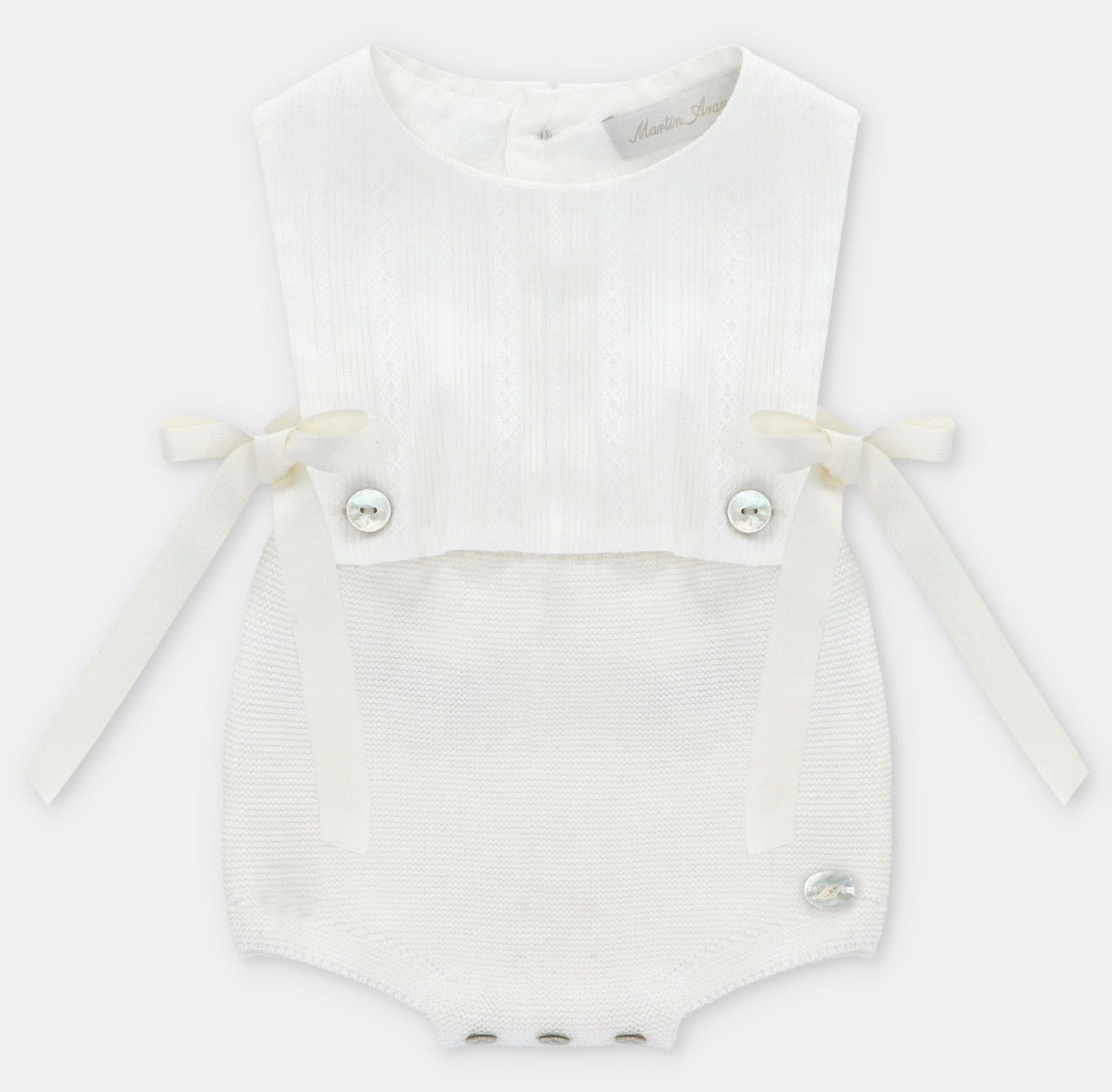 Ivory Knit & Woven Short Romper with Bow Details –