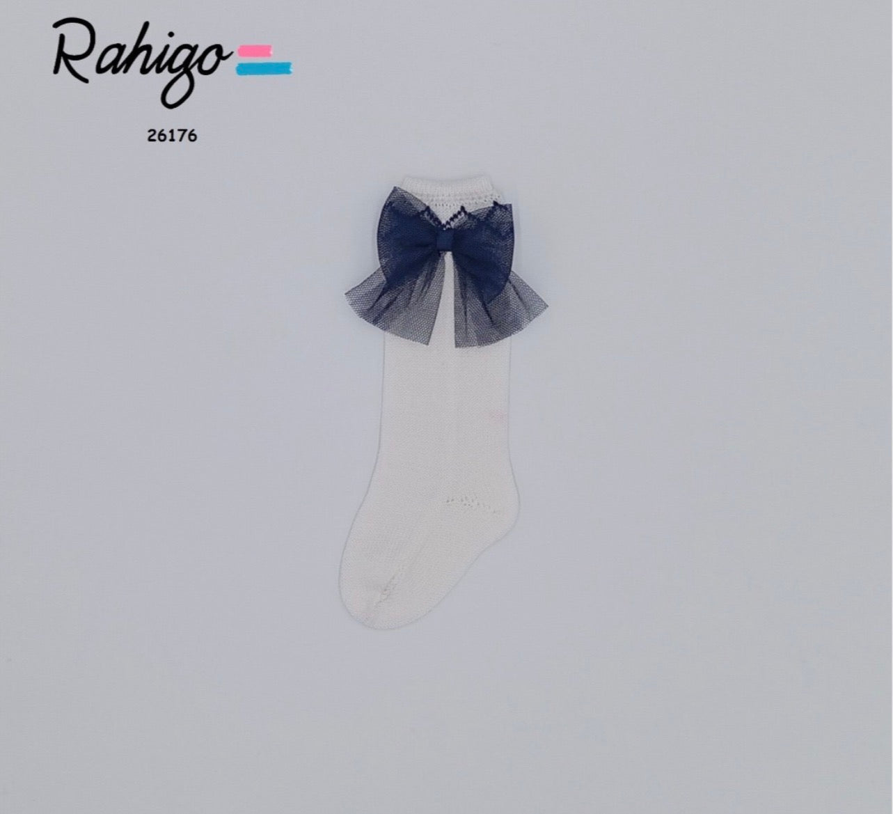 Rahigo Ivory Knee-High Sock with Navy Tulle Bow – Luxury Spanish Baby & Girls Sock