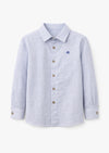 Blue Stripe Yarn-Dyed Linen Button-Up Shirt for Boys | Classic Long Sleeve