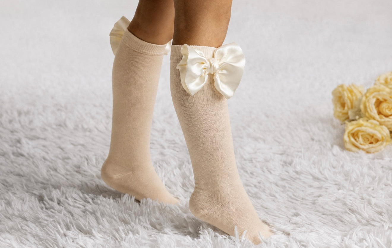Champagne  Satin Bow Knee-High Socks